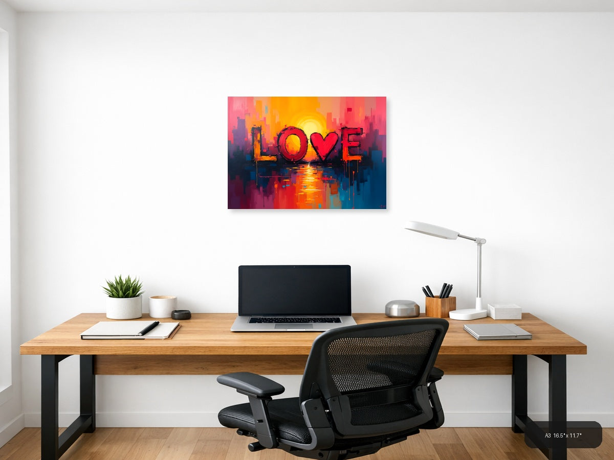 LOVE Abstract Sunset Cityscape Canvas Wall Art — A3 / Office