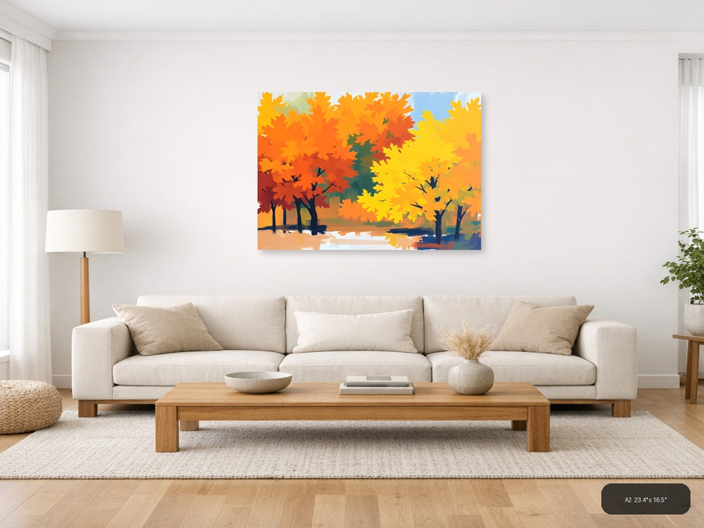 Abstract Autumn Trees by Water Landscape Wall Art — A2 / Living Room