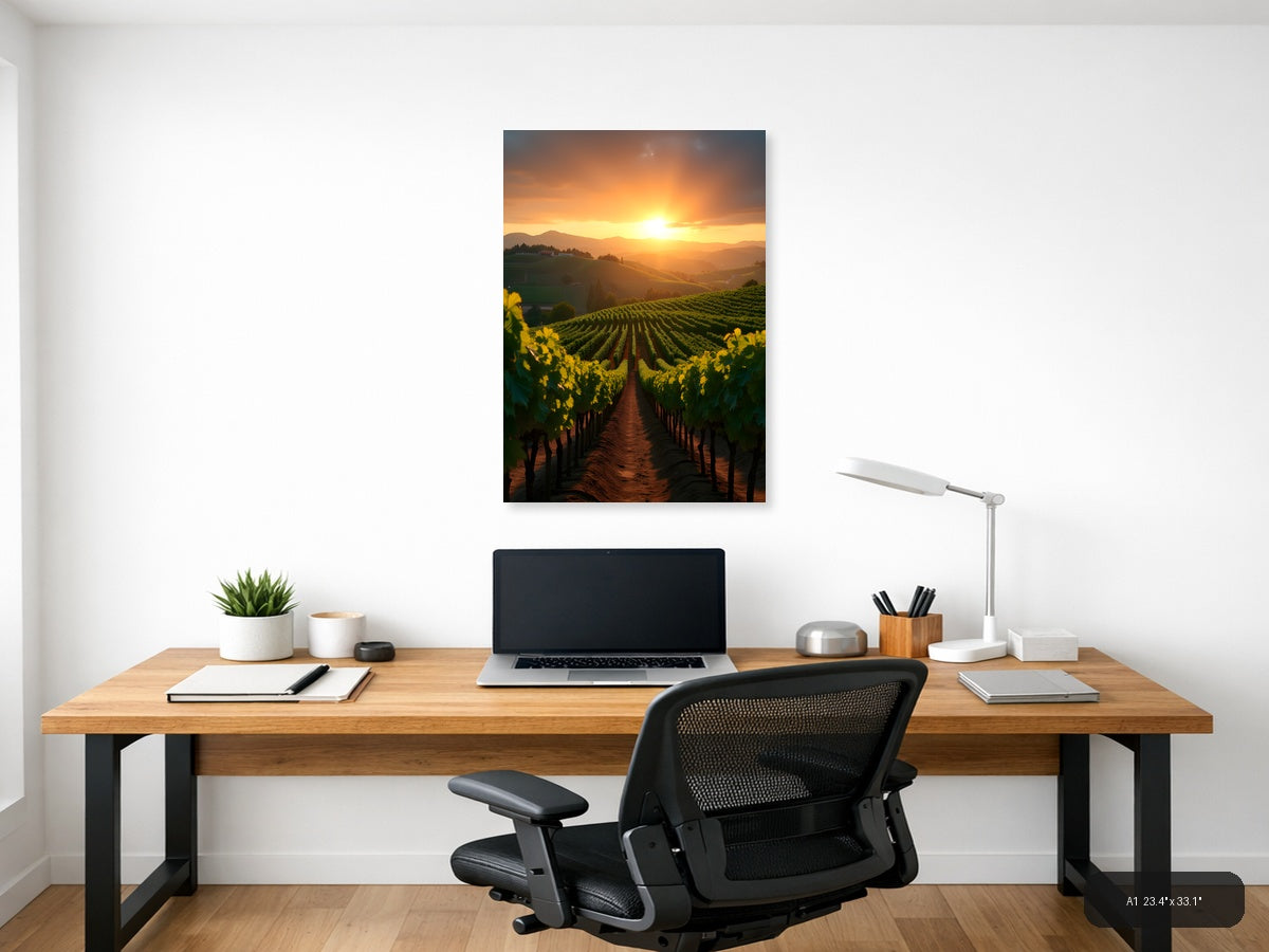 Golden Sunset Over Vineyard Rows Photography Wall Art — A1 / Office