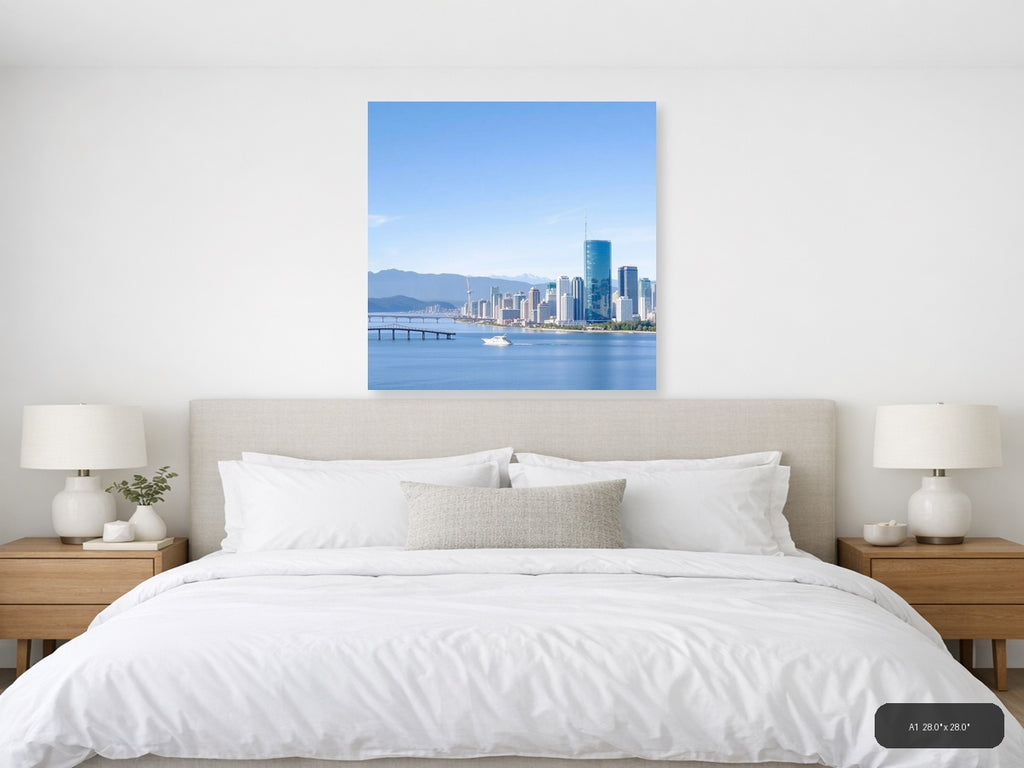 Vancouver Skyline Blue Water Mountains Minimalist Wall Art — A1 (Bedroom)