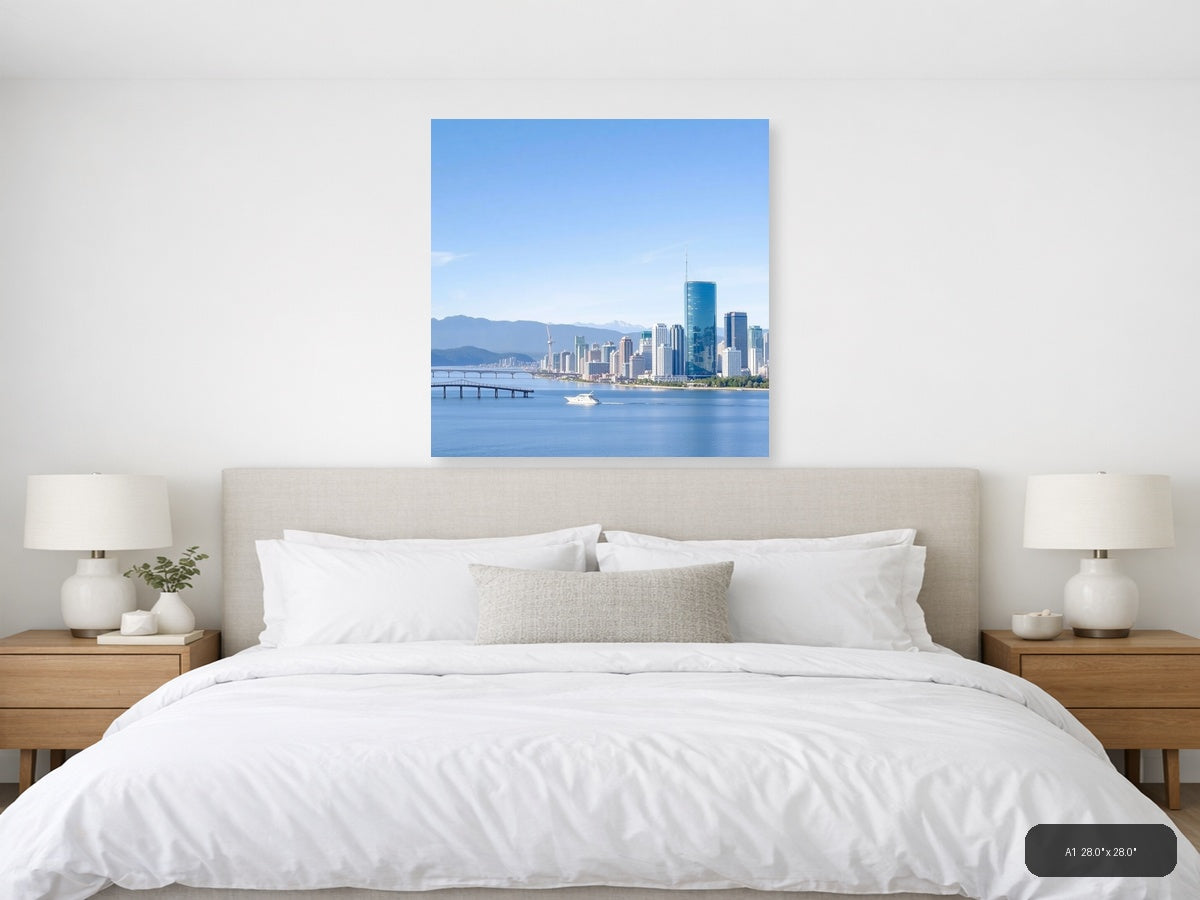Vancouver Skyline Blue Water Mountains Minimalist Wall Art — A1 (Bedroom)
