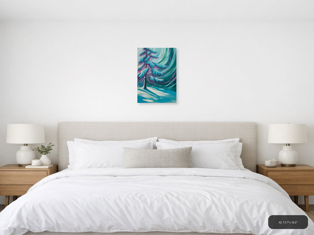 Abstract Winter Tree with Aurora Swirls Wall Art — A3 / Bedroom