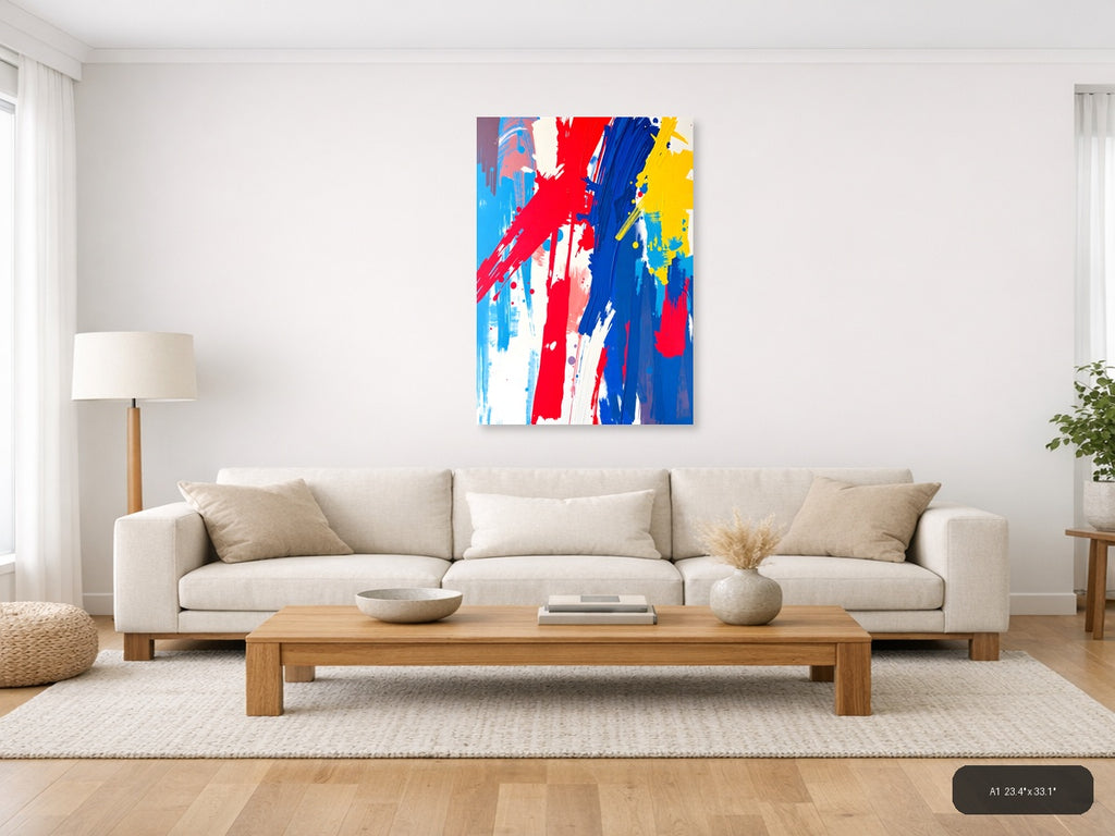 Bold Red Blue Yellow Abstract Brushstroke Wall Art — A1 / Living Room