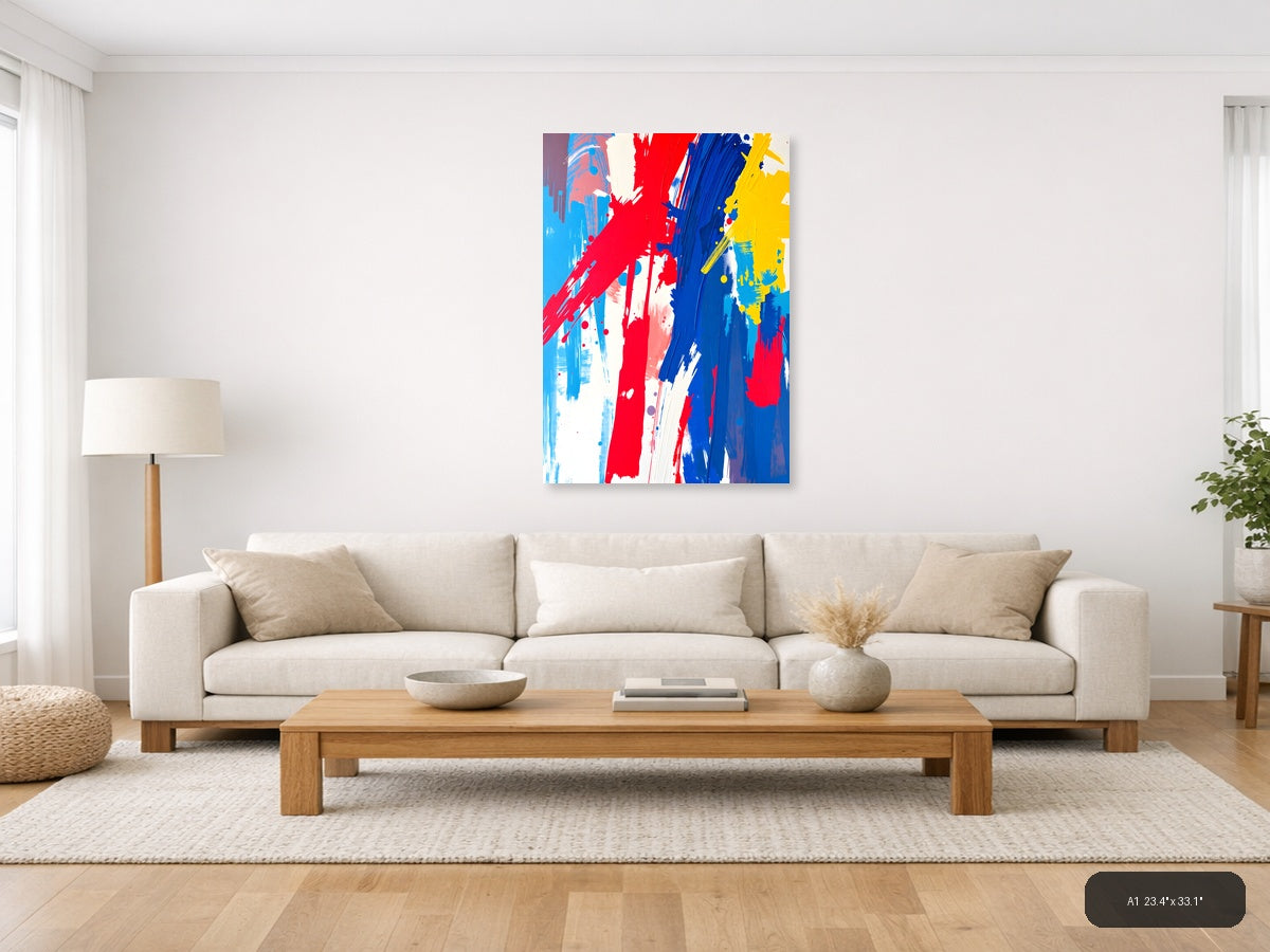 Bold Red Blue Yellow Abstract Brushstroke Wall Art — A1 / Living Room