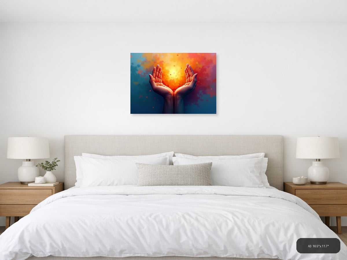 Glowing Hands Abstract Light Burst Modern Wall Art — A3 / Bedroom