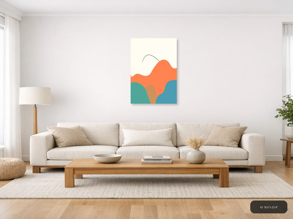 Minimalist Abstract Waves in Coral, Teal & Blue Wall Art — A2 / Living Room