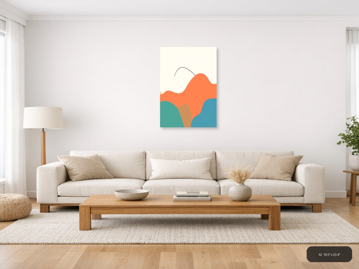 Minimalist Abstract Waves in Coral, Teal & Blue Wall Art — A2 / Living Room