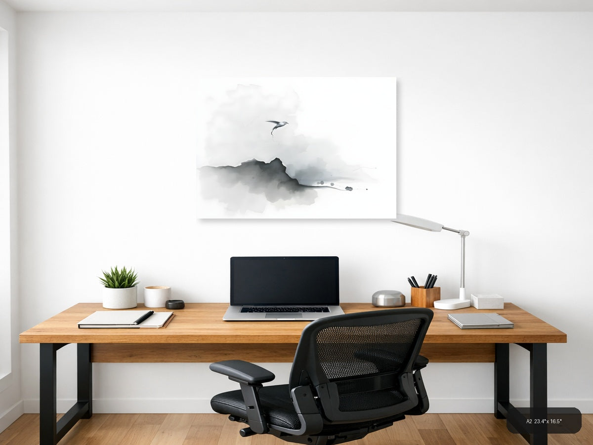 Minimalist Bird Over Mountain Mist Watercolor Wall Art — A2 / Office