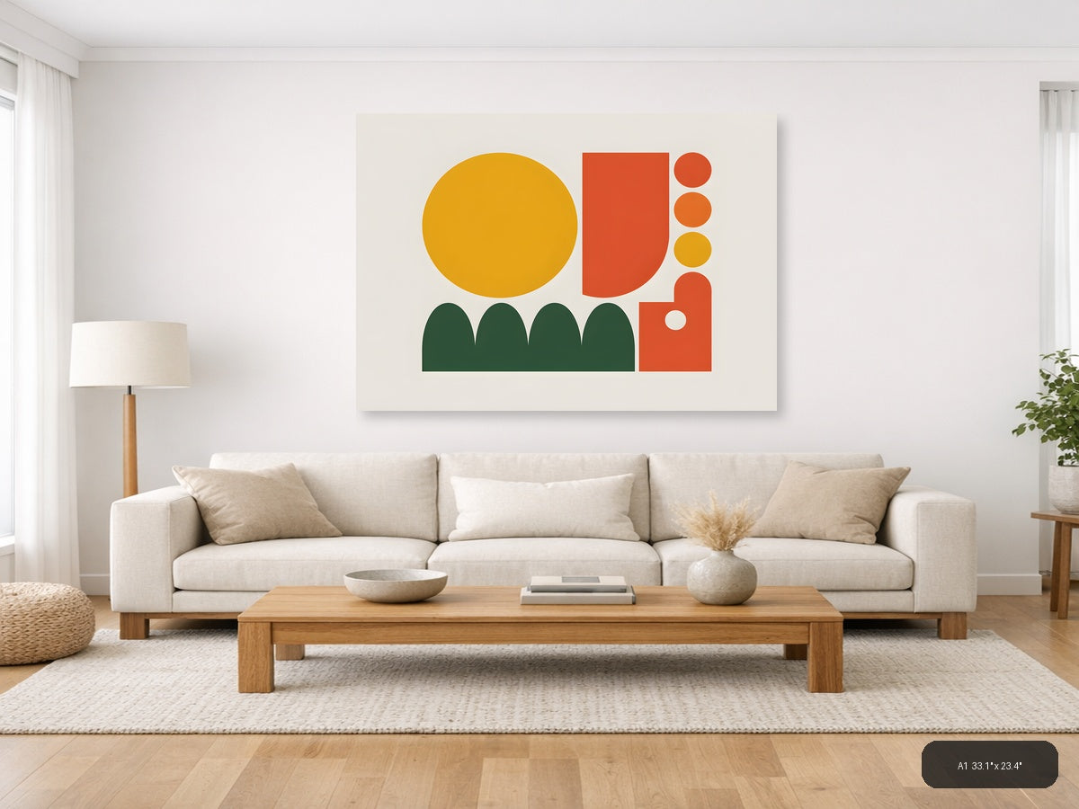 Minimalist Cactus & Geometric Shapes Landscape Wall Art — A1 / Living Room