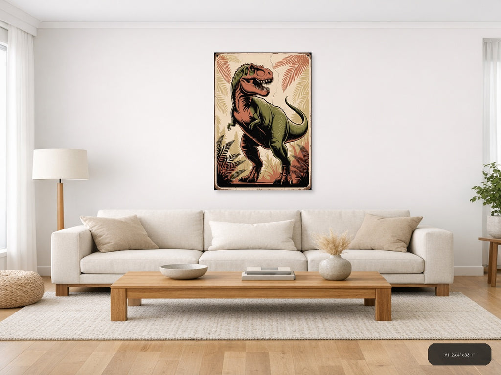 Vintage T-Rex Dinosaur Tropical Fern Wall Art — A1 / Living Room