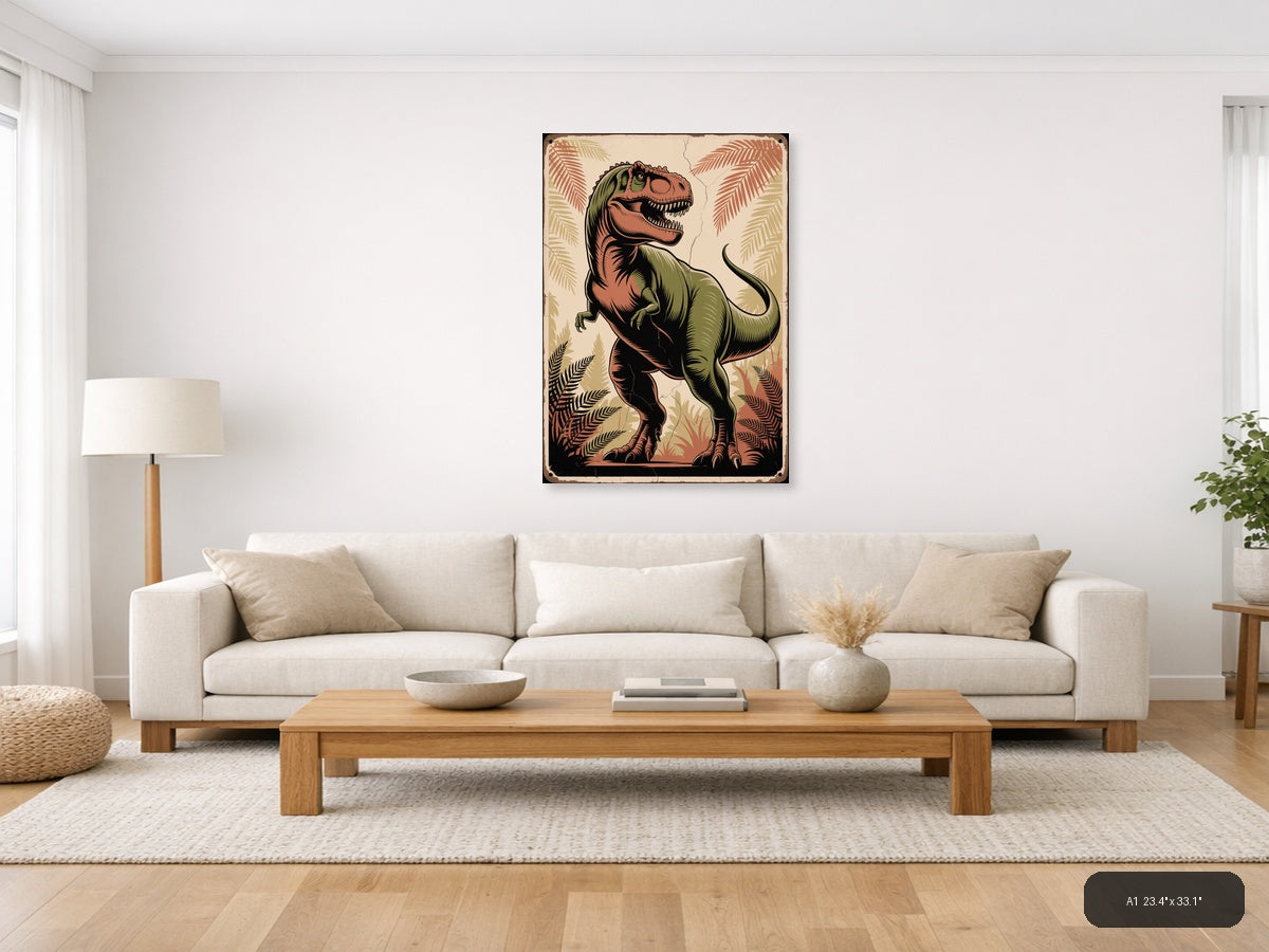 Vintage T-Rex Dinosaur Tropical Fern Wall Art — A1 / Living Room