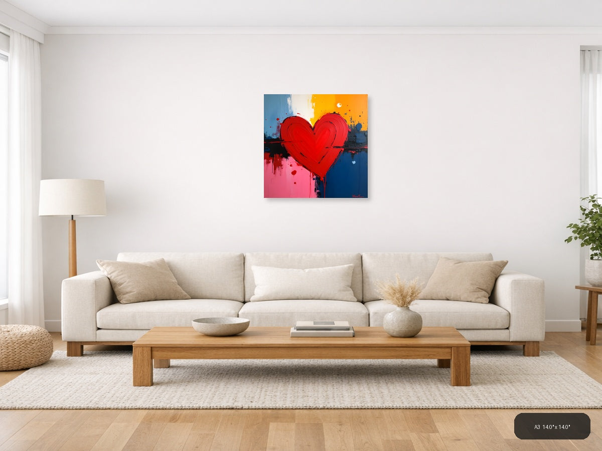 Bold Red Heart Abstract Canvas Wall Art — A3 / Living Room