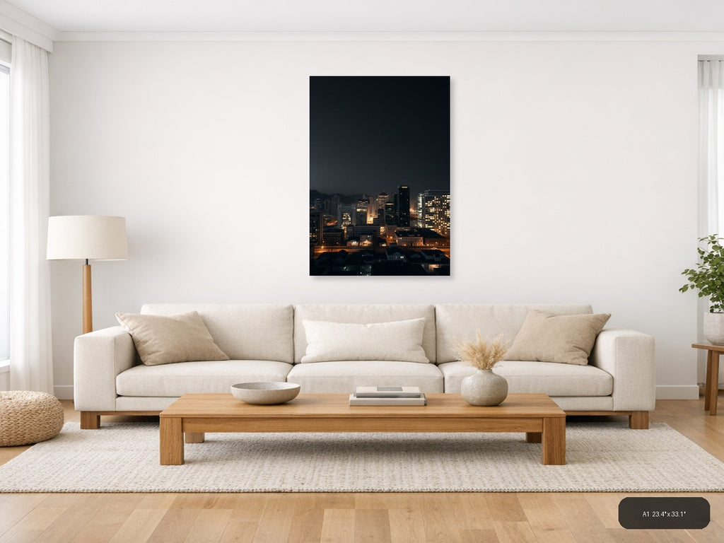 Urban Skyline at Dusk with Golden City Lights | Minimalist Wall Art — A1 (Living Room)