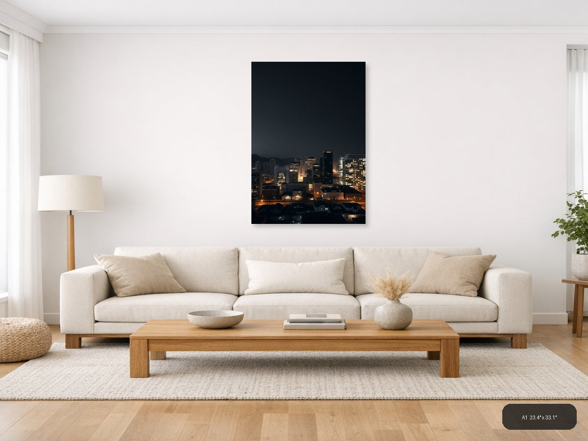 Urban Skyline at Dusk with Golden City Lights | Minimalist Wall Art — A1 (Living Room)
