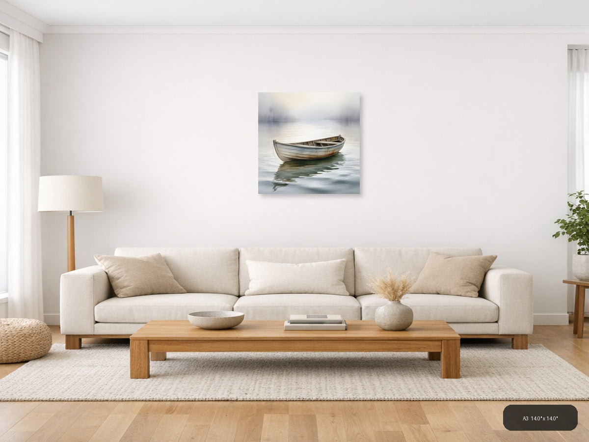Misty Boat Reflection Watercolor Wall Art — A3 / Living Room