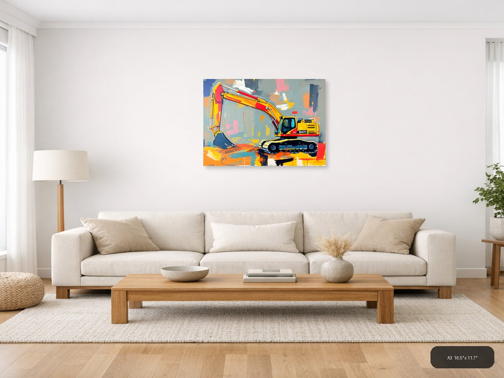 Yellow Excavator Abstract Construction Wall Art — A3 / Living Room