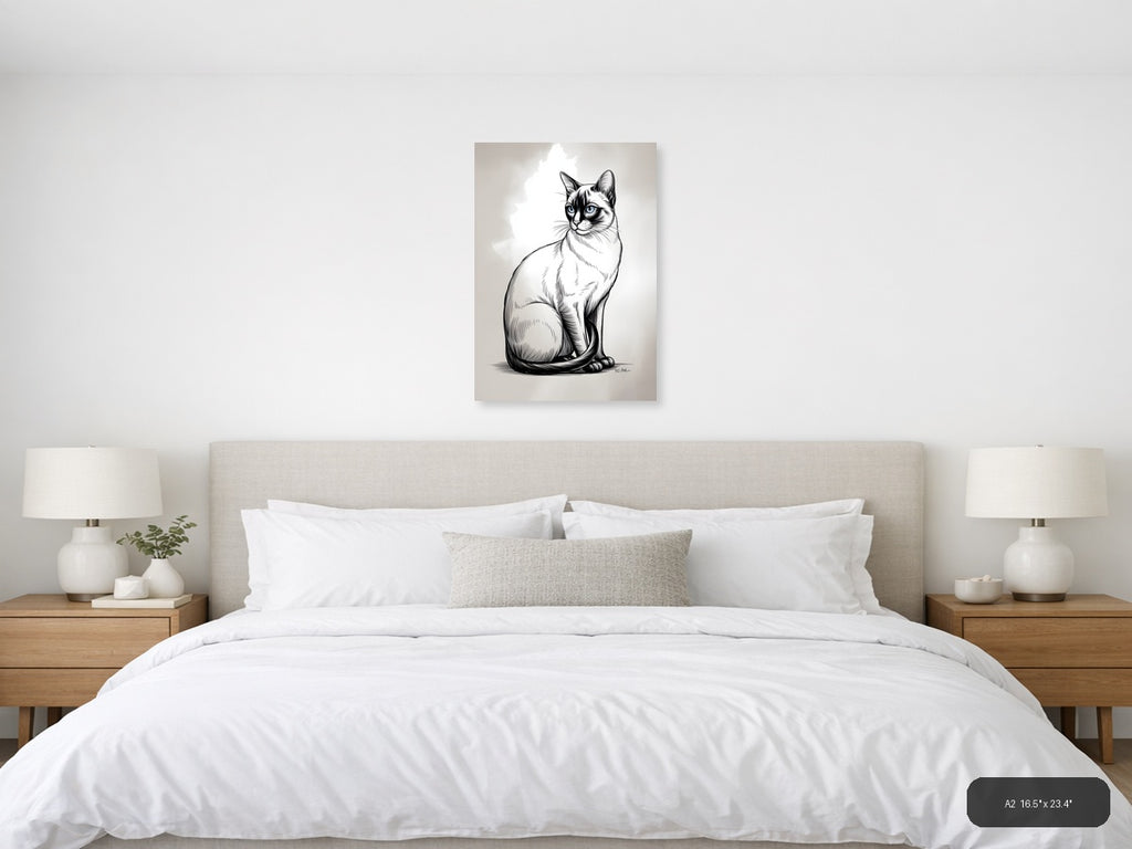 Sitting Cat with Blue Eyes Line Art Wall Art — A2 / Bedroom