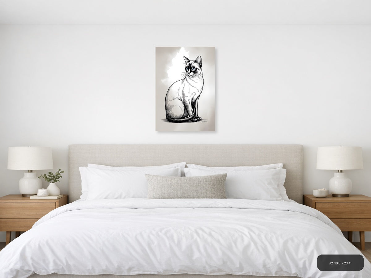 Sitting Cat with Blue Eyes Line Art Wall Art — A2 / Bedroom