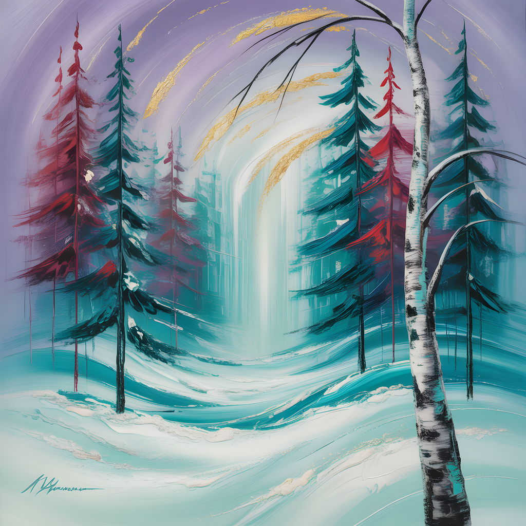 Abstract Winter Forest with Turquoise Waterfall Wall Art