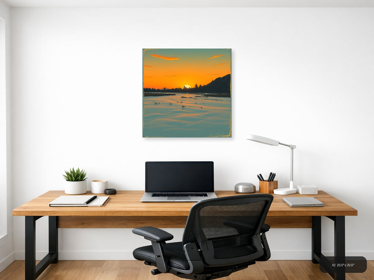 Vintage Sunset Lake Landscape with Mountains Wall Art — A2 / Office