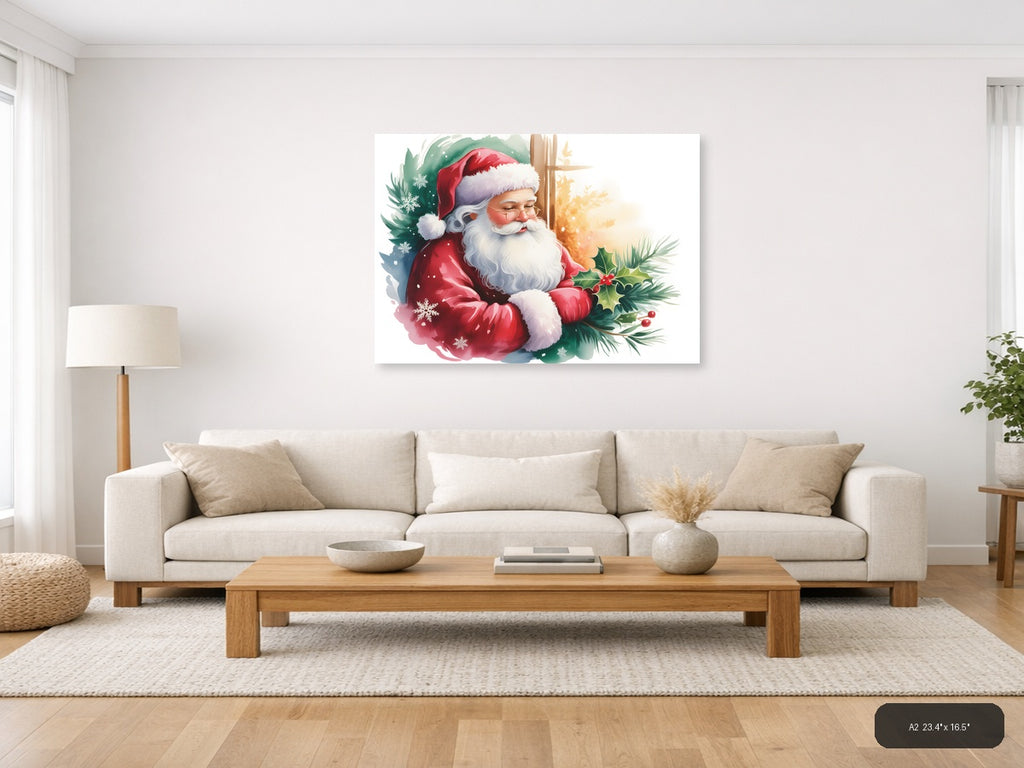 Santa Claus with Holly & Snowflakes Watercolor Wall Art — A2 / Living Room