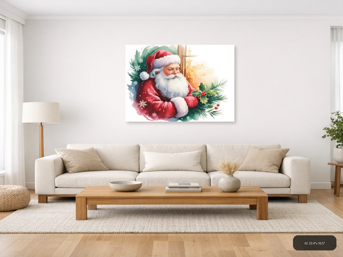 Santa Claus with Holly & Snowflakes Watercolor Wall Art — A2 / Living Room