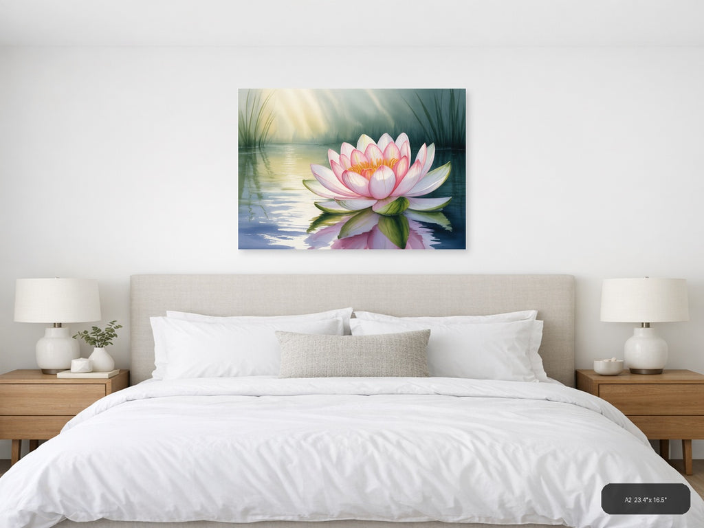 Pink Water Lily Watercolor Landscape Wall Art — A2 / Bedroom