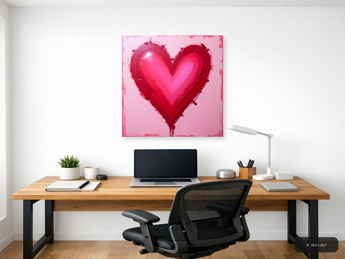 Abstract Red Heart Painting on Pink Background Wall Art — A1 / Office