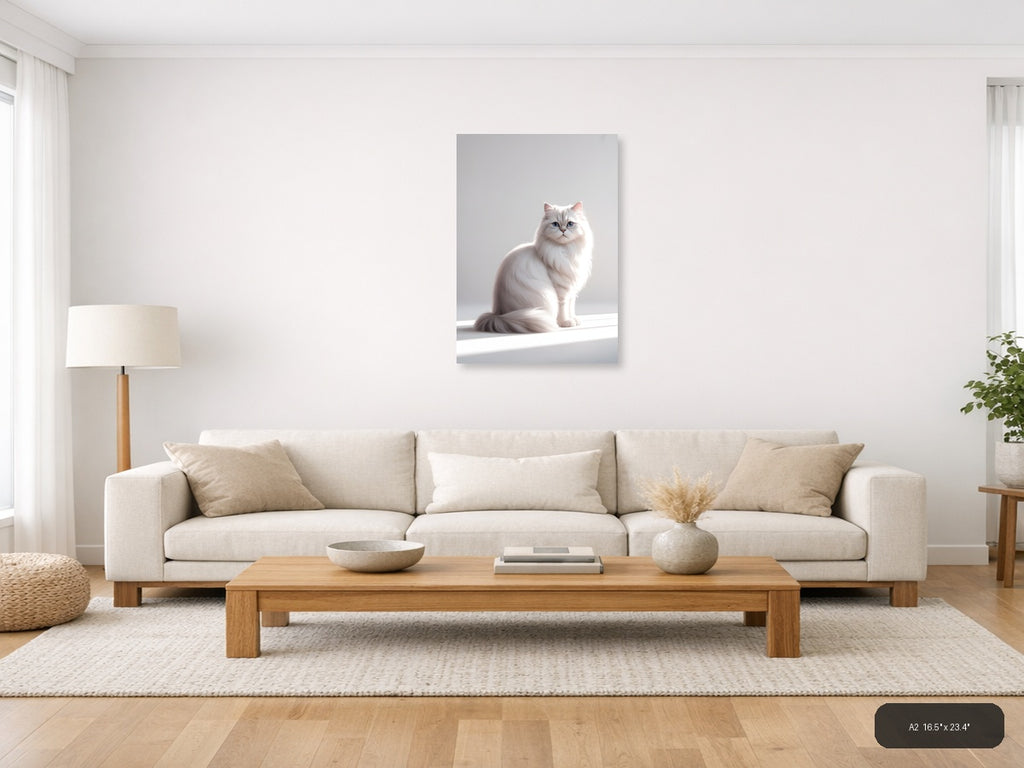 White Fluffy Cat with Blue Eyes Minimalist Wall Art — A2 / Living Room