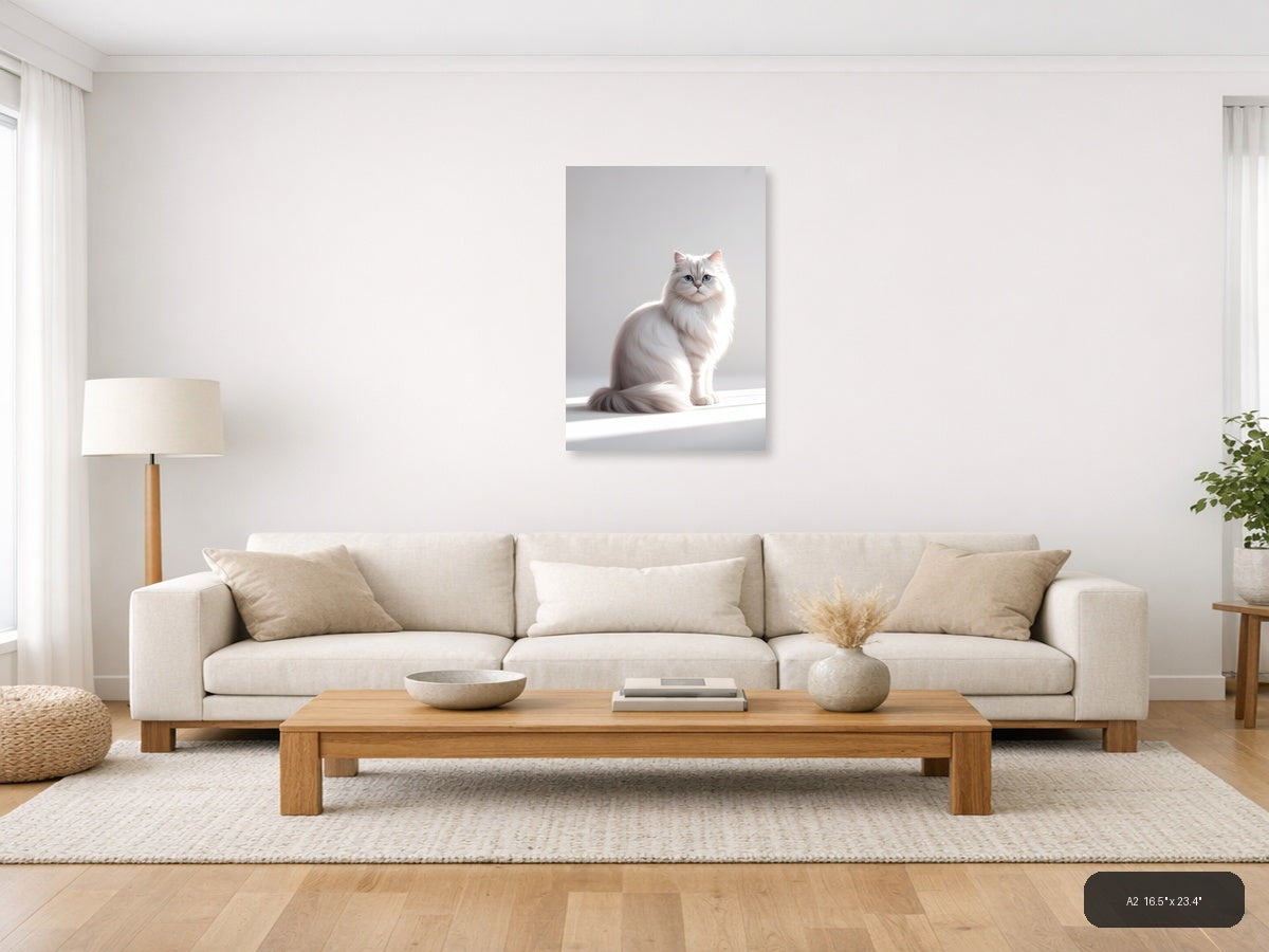 White Fluffy Cat with Blue Eyes Minimalist Wall Art — A2 / Living Room