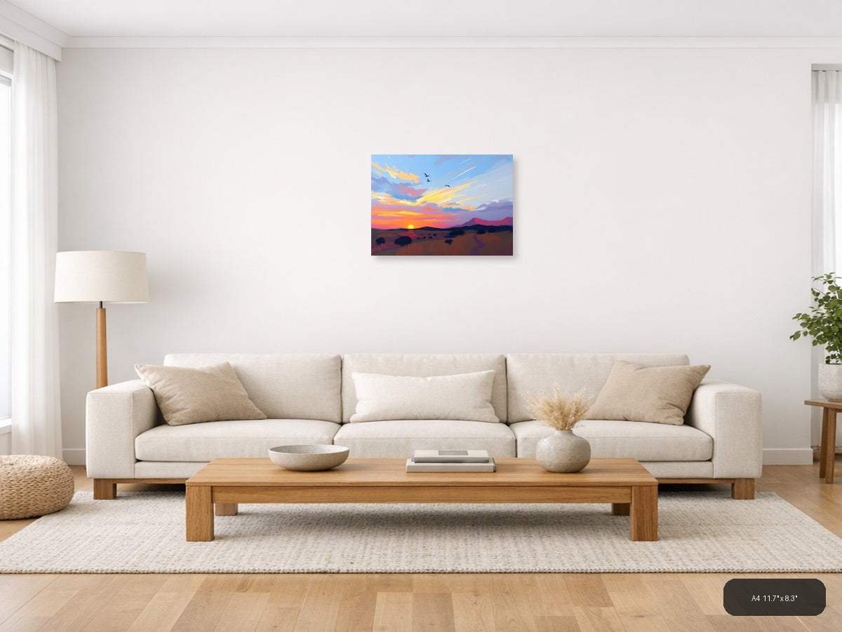 Abstract Sunset Desert Landscape with Flying Birds Wall Art — A4 / Living Room