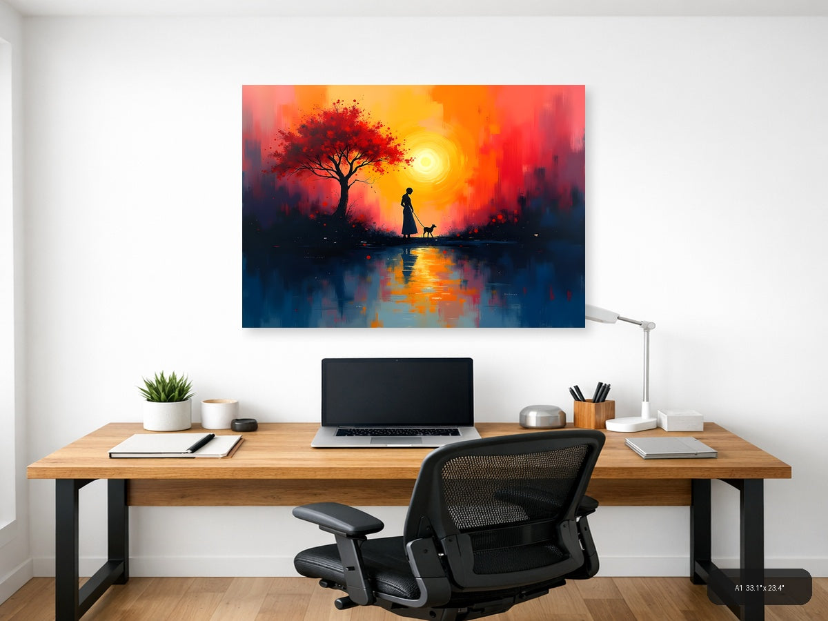 Sunset Woman with Dog & Red Tree Abstract Wall Art — A1 / Office