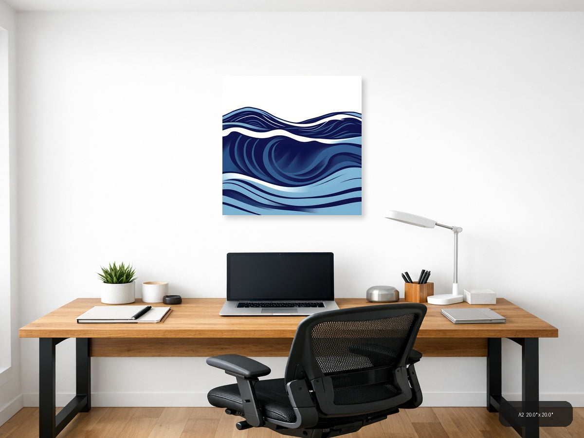 Abstract Ocean Waves Minimalist Blue Wall Art — A2 / Office