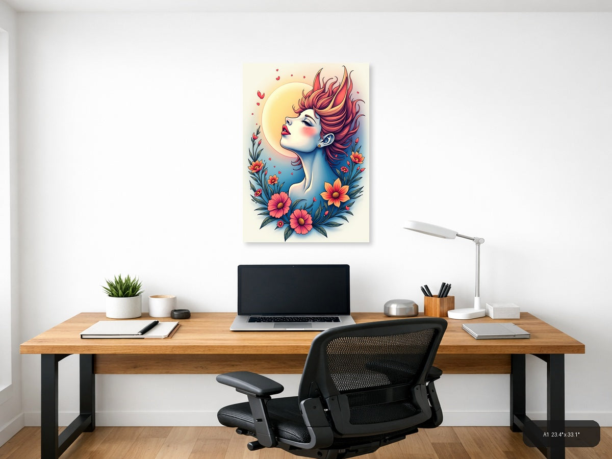 Colorful Woman Portrait with Flowers Line Art Wall Art — A1 / Office