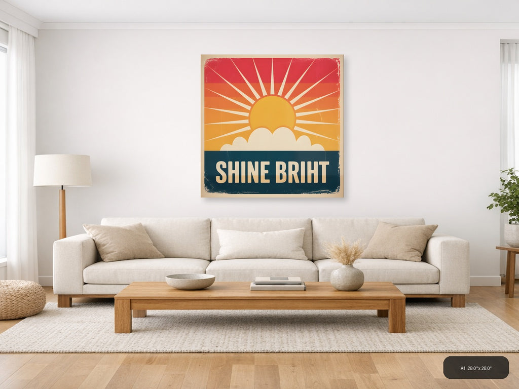 Vintage Sunrise Rays Cloud Print - Retro Wall Art — A1 / Living Room