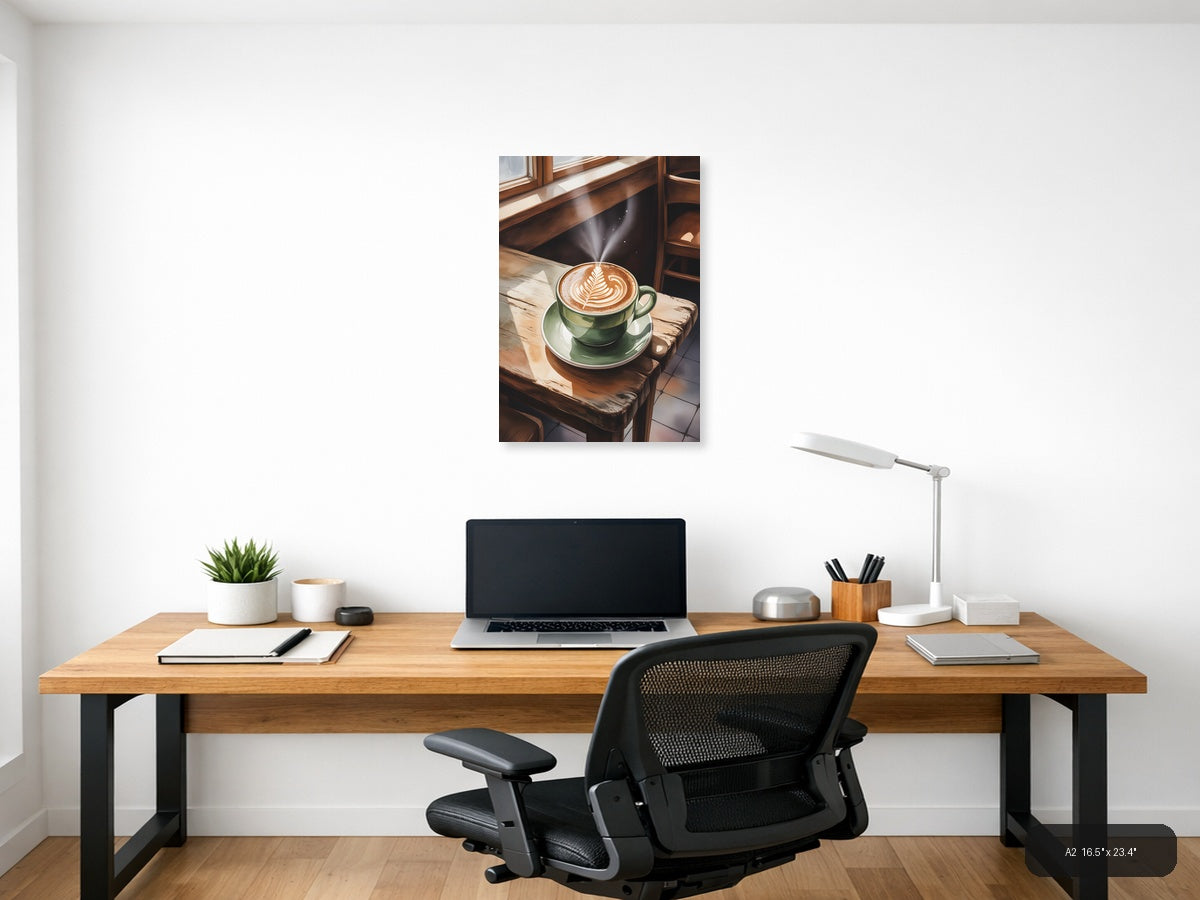 Green Coffee Cup Latte Art Watercolor Wall Art — A2 / Office