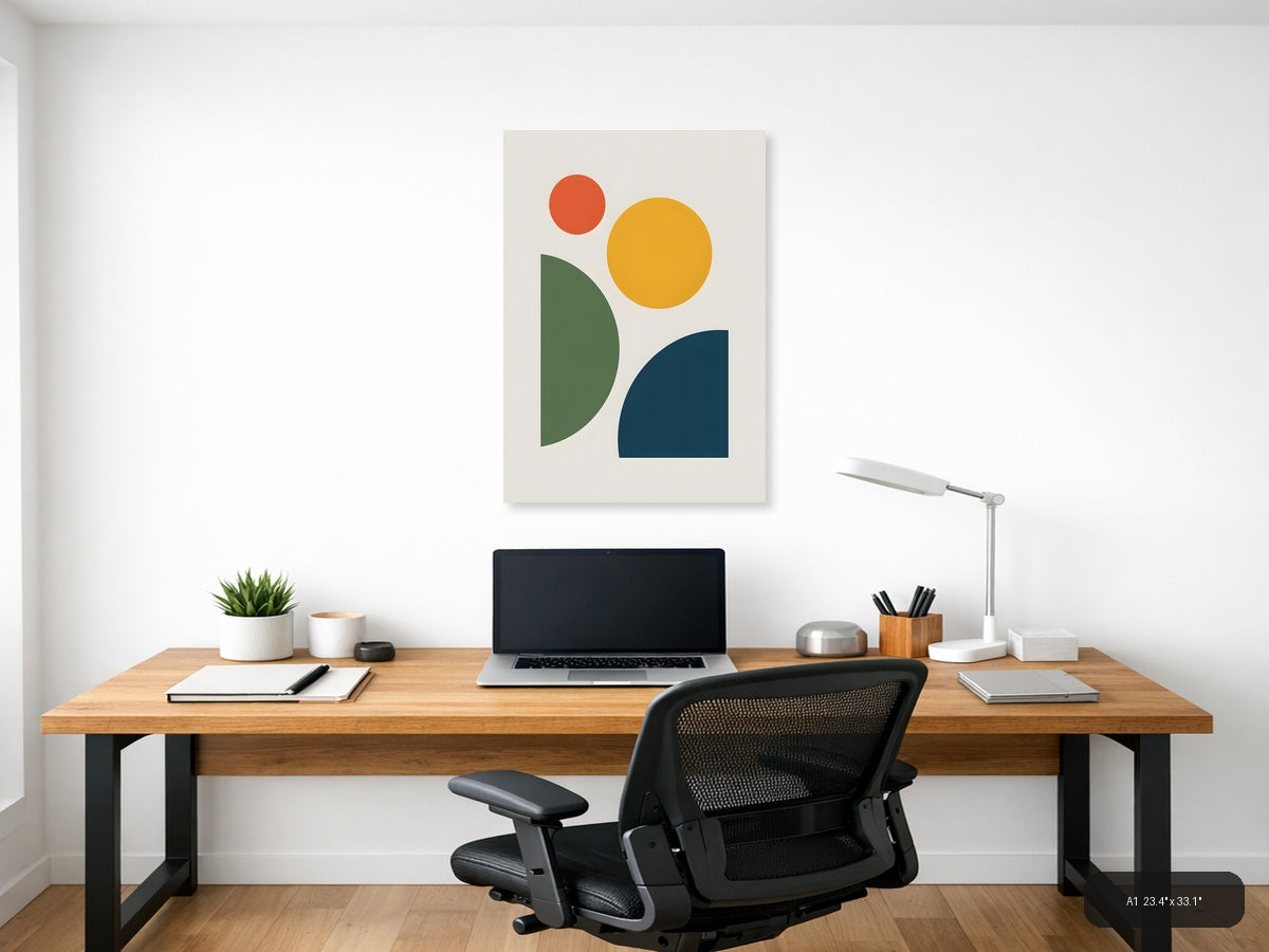 Minimalist Geometric Shapes in Green, Gold & Navy Wall Art — A1 / Office