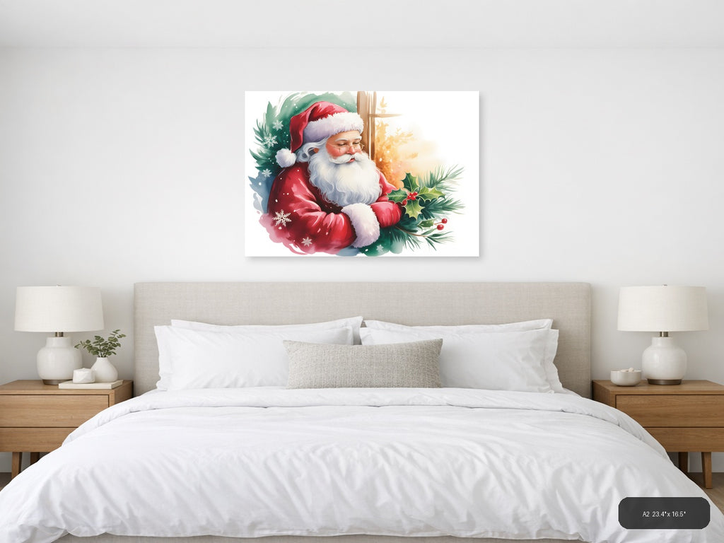 Santa Claus with Holly & Snowflakes Watercolor Wall Art — A2 / Bedroom