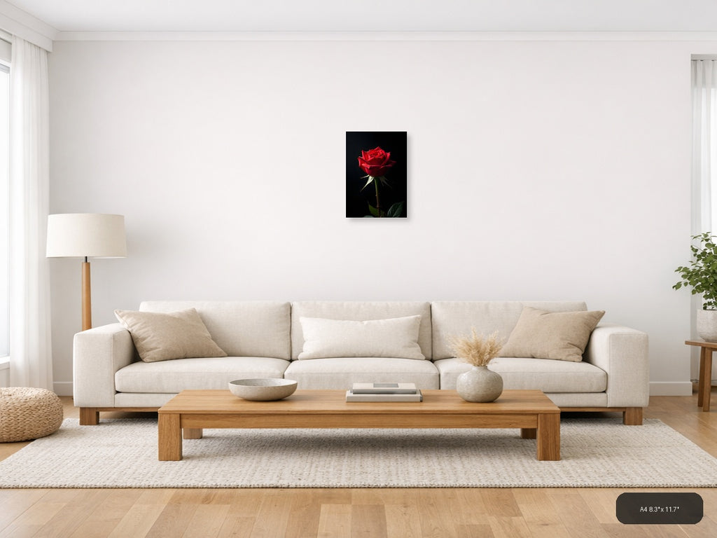 Red Rose on Black Background Photography Wall Art — A4 / Living Room