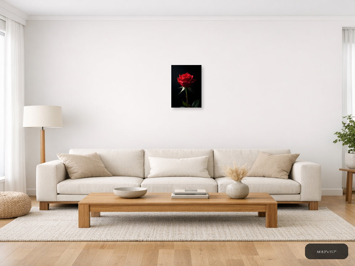 Red Rose on Black Background Photography Wall Art — A4 / Living Room