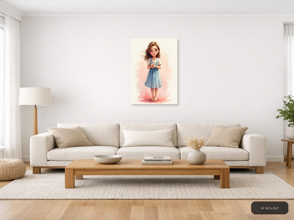 Young Girl in Blue Overalls Watercolor Portrait Wall Art — A2 / Living Room