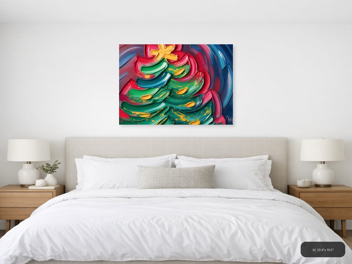 Colorful Abstract Christmas Tree with Neon Brushstrokes Wall Art — A2 / Bedroom