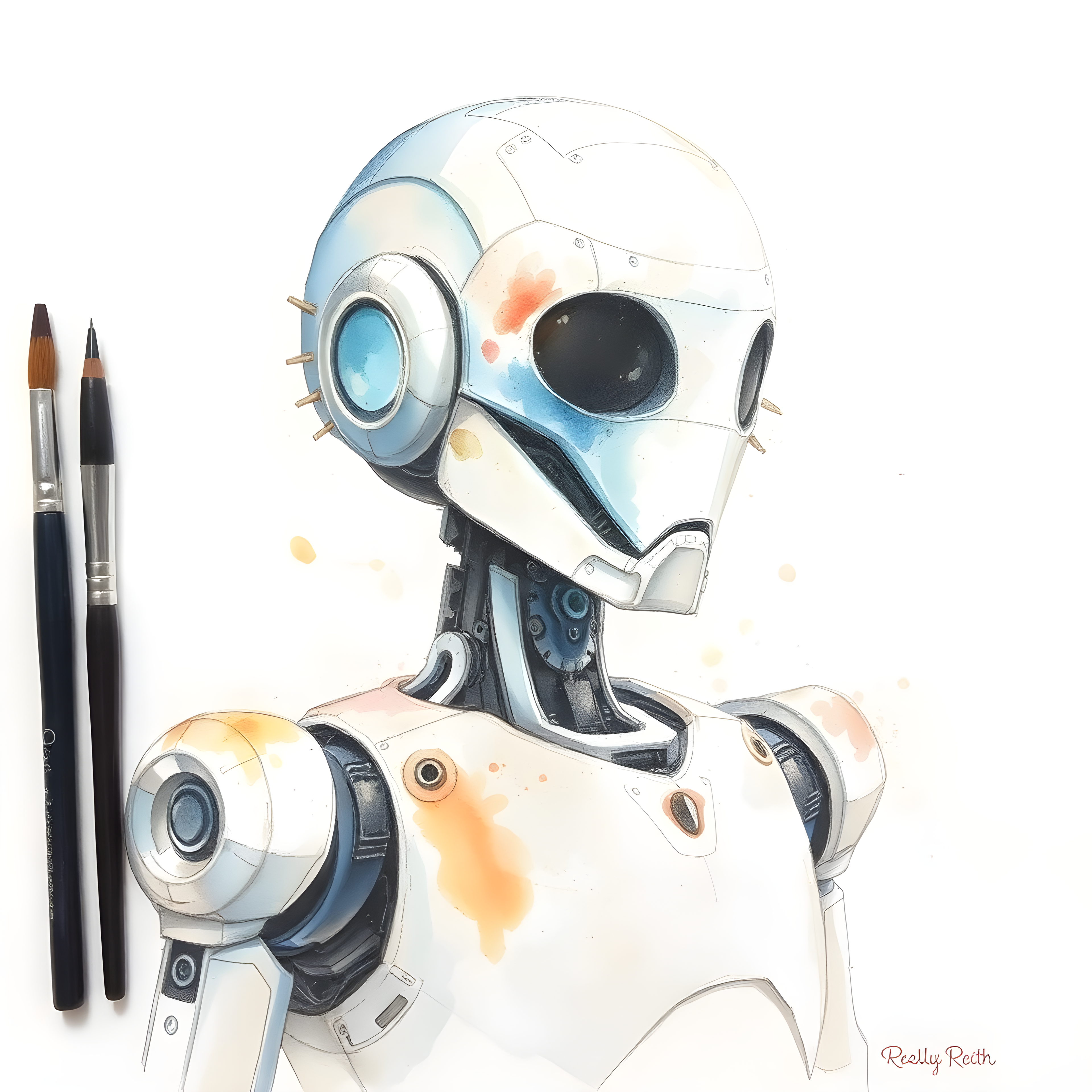 Futuristic Robot Portrait Watercolor Wall Art
