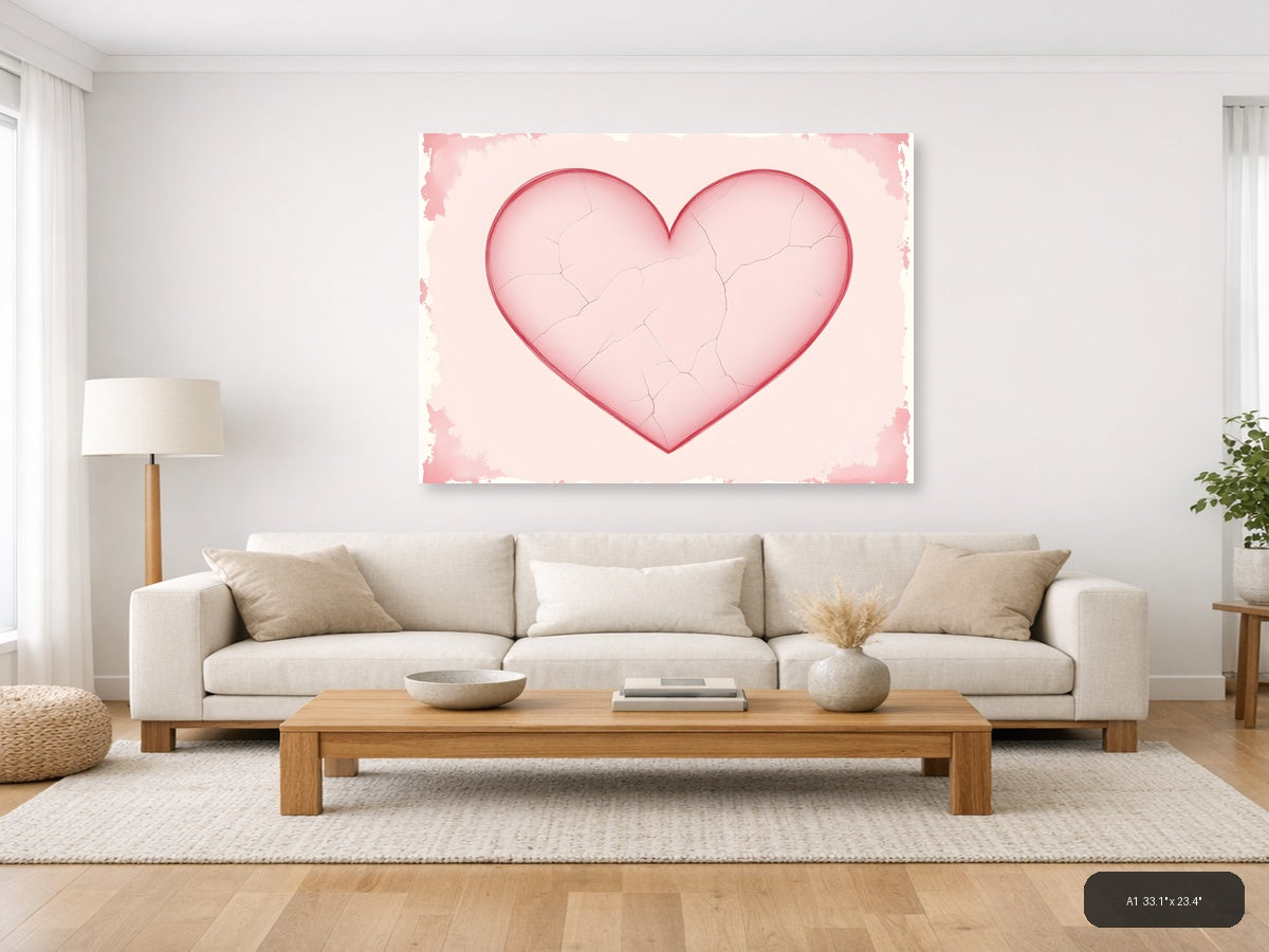 Vintage Pink Cracked Heart Love Wall Art — A1 / Living Room