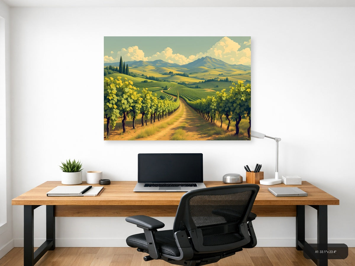 Vintage Tuscan Vineyard Landscape with Mountains Wall Art — A1 / Office