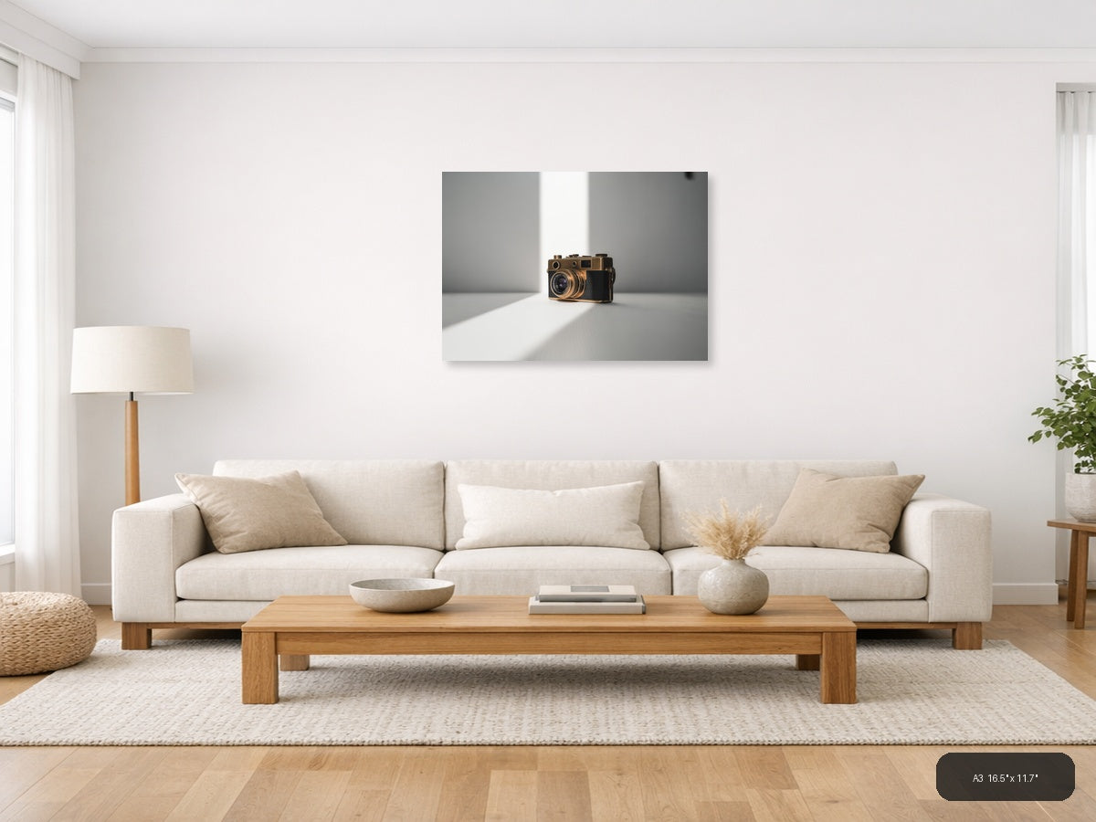 Vintage Gold Camera Minimalist Photography Wall Art — A3 / Living Room