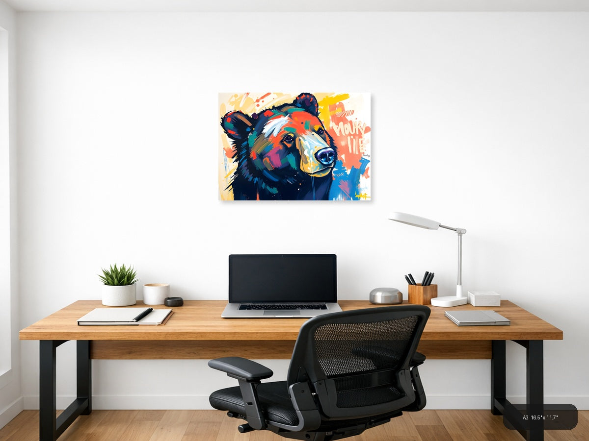 Colorful Abstract Bear Portrait Modern Wall Art — A3 / Office