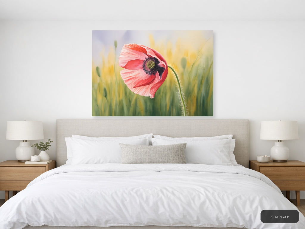 Pink Poppy Watercolor Flower Field Wall Art — A1 / Bedroom