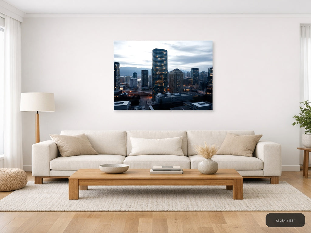 Urban Skyline at Dusk with Glowing Windows | Modern City Wall Art — A2 (Living Room)