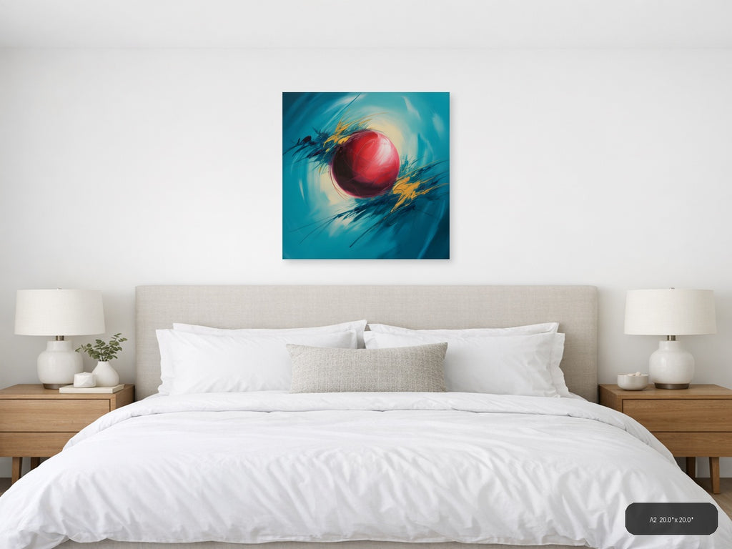 Red Sphere Abstract Turquoise Motion Wall Art — A2 / Bedroom